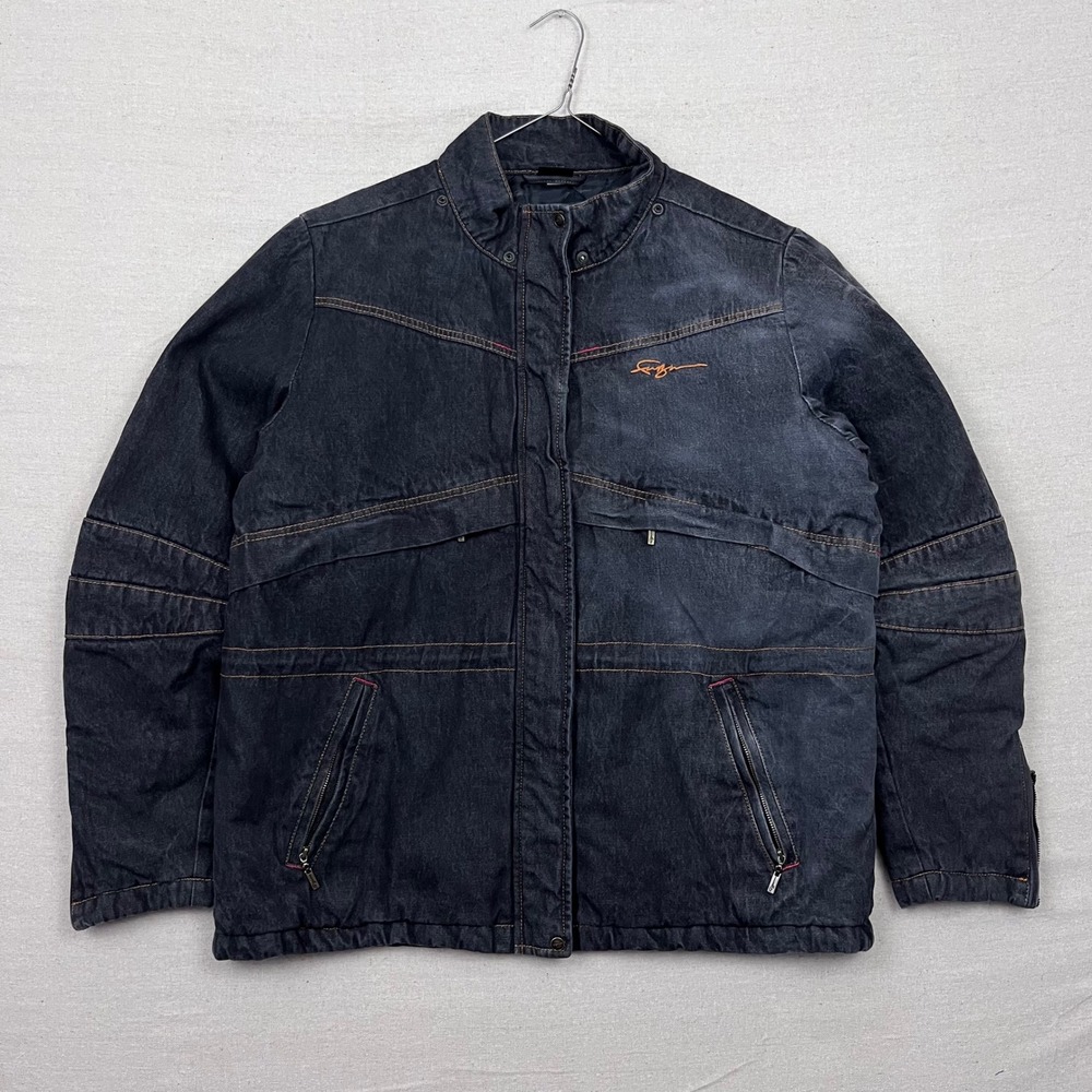 VTG Fubu The Collection‎ Mens XL Denim Jacket Distressed Dark Wash Embroidered